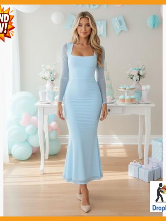 Ruched Bodycon Maxi Dress Long Sleeve Mesh Square Neck Elegant Cocktail Party - Picture 3 of 6